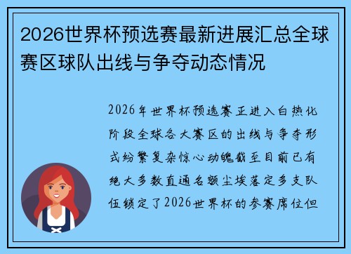 2026世界杯预选赛最新进展汇总全球赛区球队出线与争夺动态情况 2026世界杯预选赛最新进展汇总全球赛区球队出线与争夺动态情况